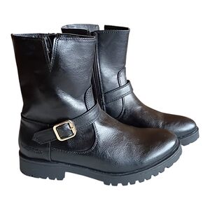 NAUTICA Women's Boots Black Moto Faux Leather Mid Calf Gold Buckle Sz 8